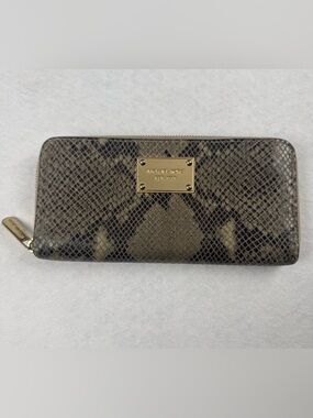 Michael Kors Snakeskin Print Zip Around Wallet Beige Brown Python Pattern